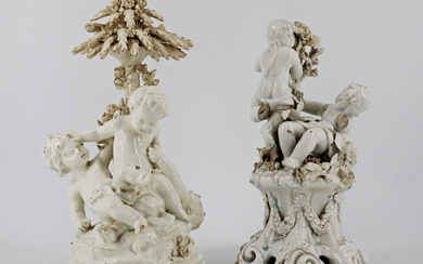 Manifatture venete, secolo XX. Lotto composto da due gruppi in ceramica bianca raffiguranti putti allegorici, marcati sul fondo (h. max…