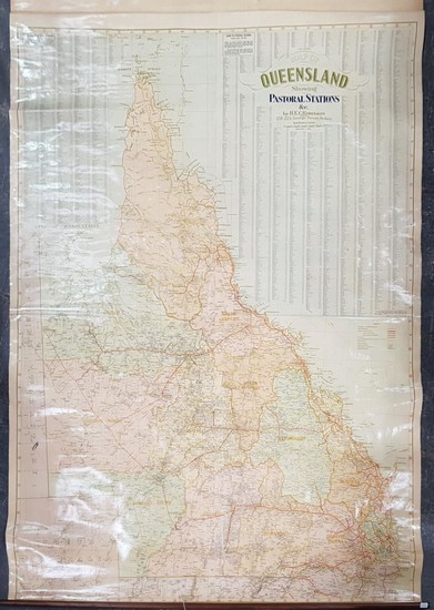 Map of Queensland Pastoral Stations & Districts, on canvas, by H E C Robinson Ltd Sydney