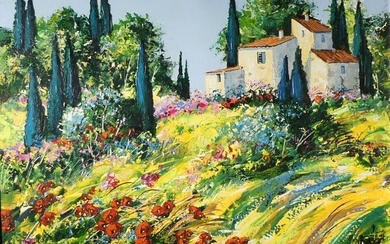 Marc Vigneron. Provence verdoyante. Huile sur toile. Signée. 55 x 65 cm.