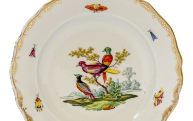 Meissen - Dinner plate - Birds of Paradise motif plate with gilt scalloped rim - Enamel, Gilt, Porcelain