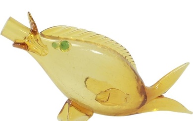 Mid Century Modern Blown 1970s Blenko Amber Art Glass Fish Bottle Decanter 13 in. length