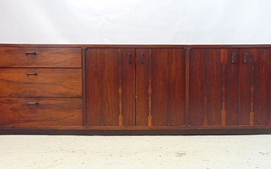 Mid Century rosewood cabinet, credenza, 3 drawers next to two double door cabinets, 77.5" long, 18"