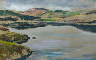 Modern British School, mid-20th century- View of a lake with hills in the distance; coloured chalks and felt tip pen, 36 x 53.5 cm: together with two watercolours by different hands depicting landscapes, 35 x 25 cm & 24 x 34 cm (3)