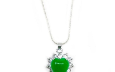 Mounted Green Jade Heart Shape Pendant On 925 Silver Plated Snake Link Necklace