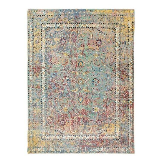 Multicolor Pure Silk With Textured Wool Erased Persian