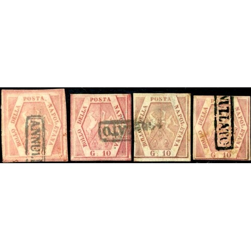 NAPLES 1858 10gr GROUP: Stock card with 7 used examples of t...