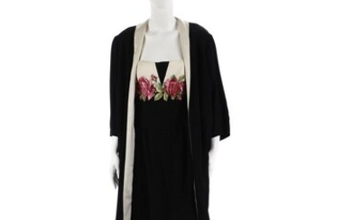 Autore non identificato, Long black tailored dress, embroidery and white details.