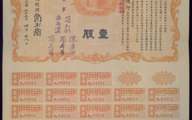 Nanyang Brothers Tobacco Co. Ltd., share certificate for 1 share worth 15 Yuan, 1933, serial nu...