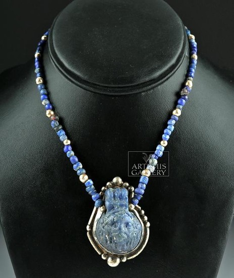 Necklace w/ Roman Glass Lion Pendant, Beads, Gold