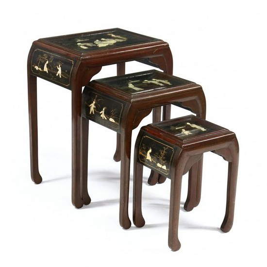 Nest of Three Asian Inlaid Lacquered Side Tables