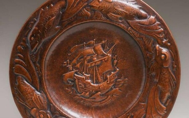 Newlyn Hammered Copper Galleon Ship Fish Charger c1900