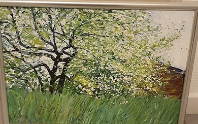 Nils Ryberg: Flowering fruit trees. Signed Nils Ryberg 1989. Oil on canvas. 34×50 cm.