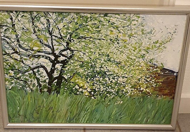 Nils Ryberg: Flowering fruit trees. Signed Nils Ryberg 1989. Oil on canvas. 34×50 cm.