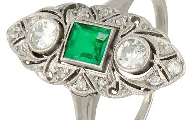No Reserve - Gold/platinum Art Deco marquise ring set with synthetic emerald and old cut...