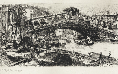 OTTO BACHER The Rialto Bridge and Grand Canal, Venice. Etching, circa 1880. 115x250...