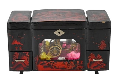 Oriental Black Lacquer Rickshaw Music Jewelry Box
