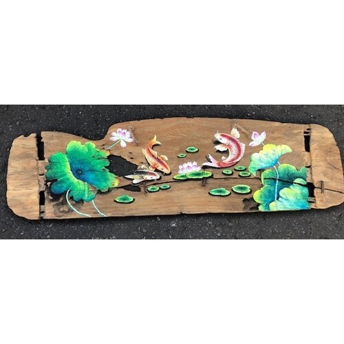 Oriental inspired outdoor or indoor old plank hand painted w...