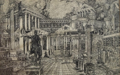 P McMullen, British school, mid/late-20th century- The Forum; pen and ink on paper, signed with monogram and dated 1971 lower left, 45 x 60 cm: B.E. Wilkinson, British school, late-20th/early-21st century- Roundway Down, Wiltshire; oil on...
