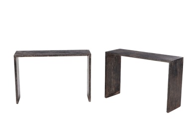 PAIR CERUSED OAK CONSOLE TABLES IN THE MANNER OF JEAN-MICHEL...