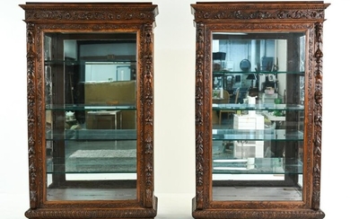 PAIR OF CARVED GOTHIC REVIVAL DISPLAY CABINETS