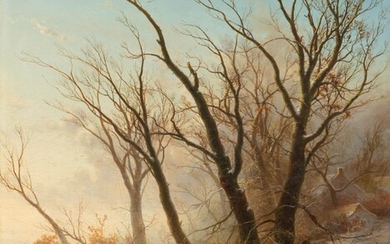 PIETER LODEWIJK FRANCISCO KLUYVER(1816 Amsterdam 1900)Paysage d'hiver avec des ramasseurs de bois. Huile sur toile....