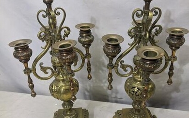 Pair Antique Brass Ornate 4 Candle Candelabras