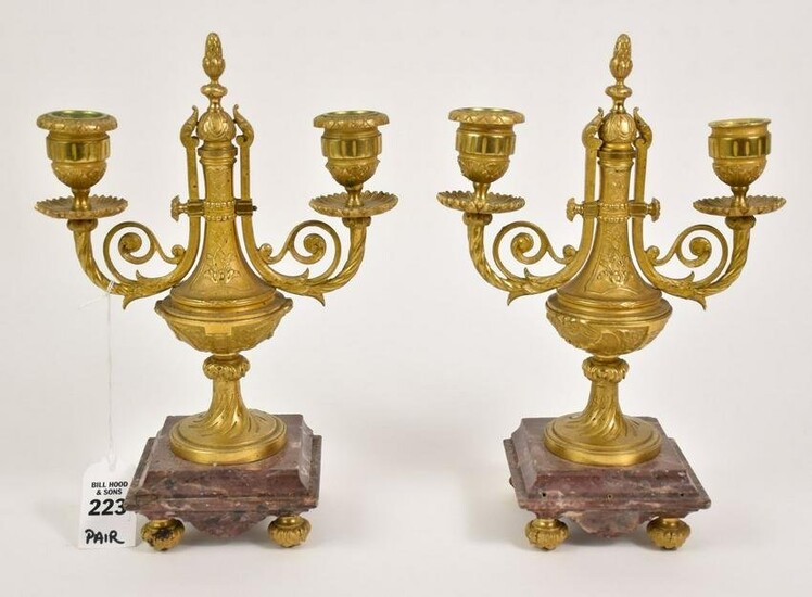 Pair Antique Continental Patinated Bronze Candelabras