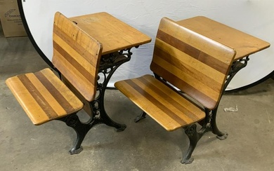 Pair GRAND RAPIDS Vintage Iron & Wood School Desks