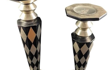 Pair Of Modern Black & Silver Wood Candlestick Holders