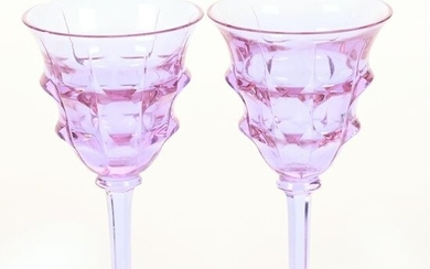 Pair Wine Stems, Unmarked Moser Alexandrite Art Glass