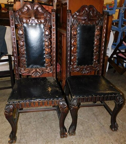 Pair Wood Carved Side Chairs W/ Leather Upholstery