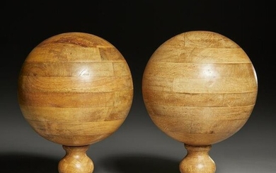 Pair large carved wood sphere ornaments