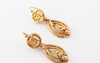 Pair of 750°/°° gold earrings with foliage motifs. Work from...