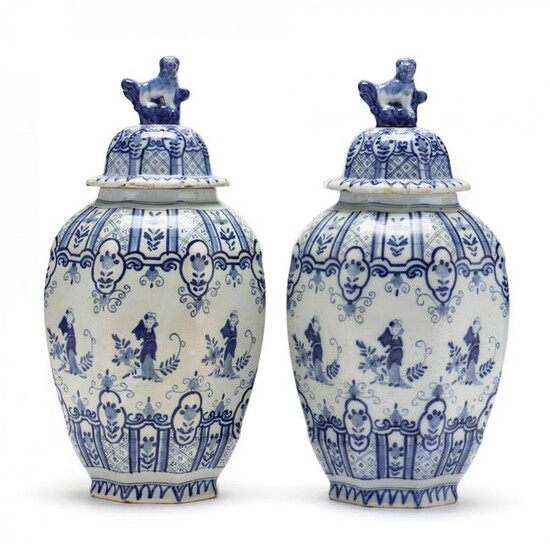 Pair of Delft Blue and White Covered Jars, Signed