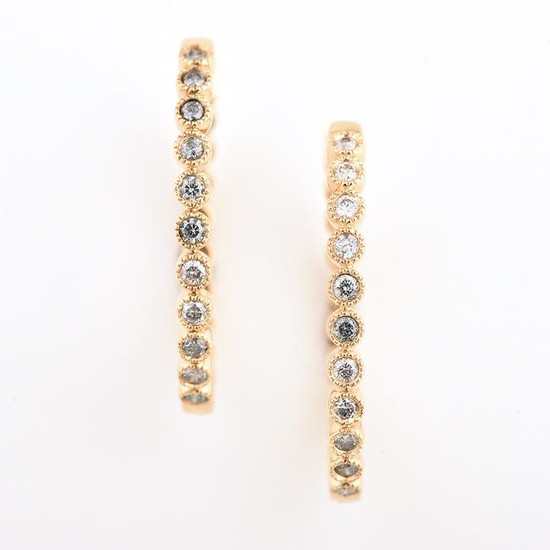 Pair of Diamond, 14k Yellow Gold Hoop Earrings.