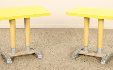 Pair of French bistrot tables in laminate and aluminum C 1970. Ht: 29" Wd: 31.5" Dpth: 19.75"