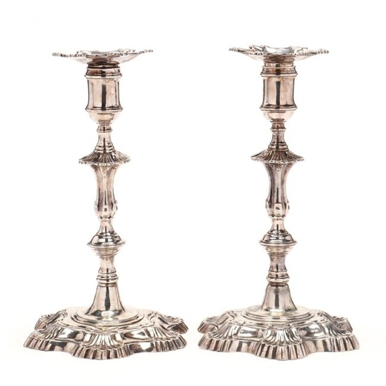 Pair of George II Style Sexfoil Sterling Silver Candlesticks, Retailed by Shrubsole