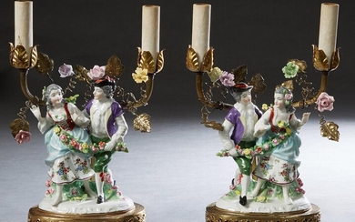 Pair of German Style Porcelain Figural Two Light Lamps