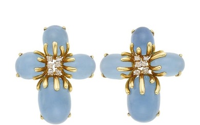 Pair of Gold, Cabochon Aquamarine and Diamond Flower Earclips