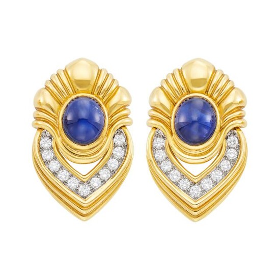 Pair of Gold, Platinum, Cabochon Sapphire and Diamond Earclips
