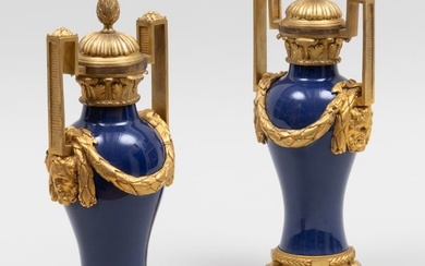 Pair of Louis XVI Style Ormolu-Mounted Sevres Style Cobalt Porcelain Covered Urns