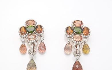 Pair of Two-Color Gold, Citrine, Tourmaline and Diamond Pendant-Earrings