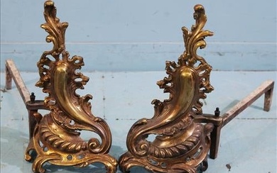 Pair of brass French Chenets for fireplace, 16.5 in. T, 13 in. D.
