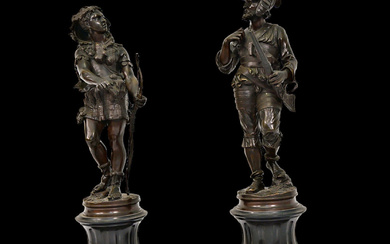 Pair of bronze statues on a marble base "Prehistoric Warrior"...