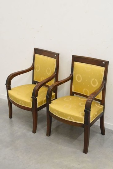 Pair of period restoration armchairs in carved mahogany,...