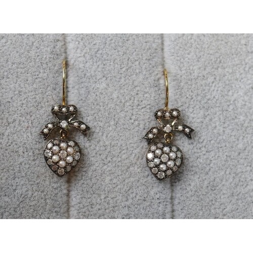 Pair of seed pearl & diamond heart shaped earrings