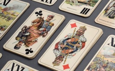 Patriotic tarot ("Königrufen") card game "Österreich-Ungarns Heer im 1. Weltkrieg" with 21 colored event cards ("Trümpfen"), Vienna playing card factory Ferd. Piatnik & Söhne, 54 cards (complete). 11,5x6,5cm, slight signs of wear.