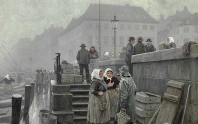 Paul Fischer: Fishermen and fishermen's wives at Gammel Strand in Copenhagen. Signed Paul Fischer. Oil on canvas. 57×75 cm.