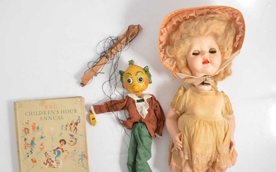 Pedigree Delite doll in original box (a/f), Pelham Puppet Mr Turnip and a book.