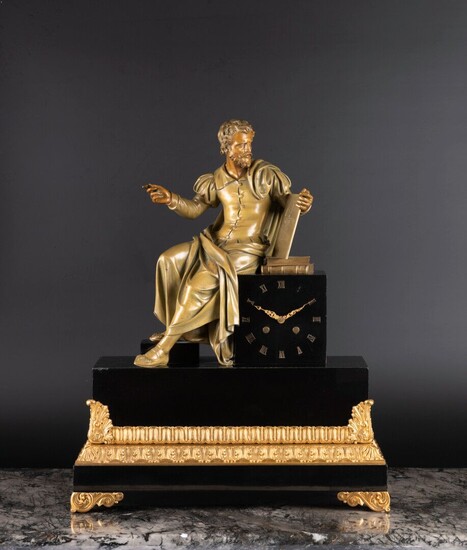 Pendule en marbre noir et bronze doré à la figure de Galilée assis en bronze...